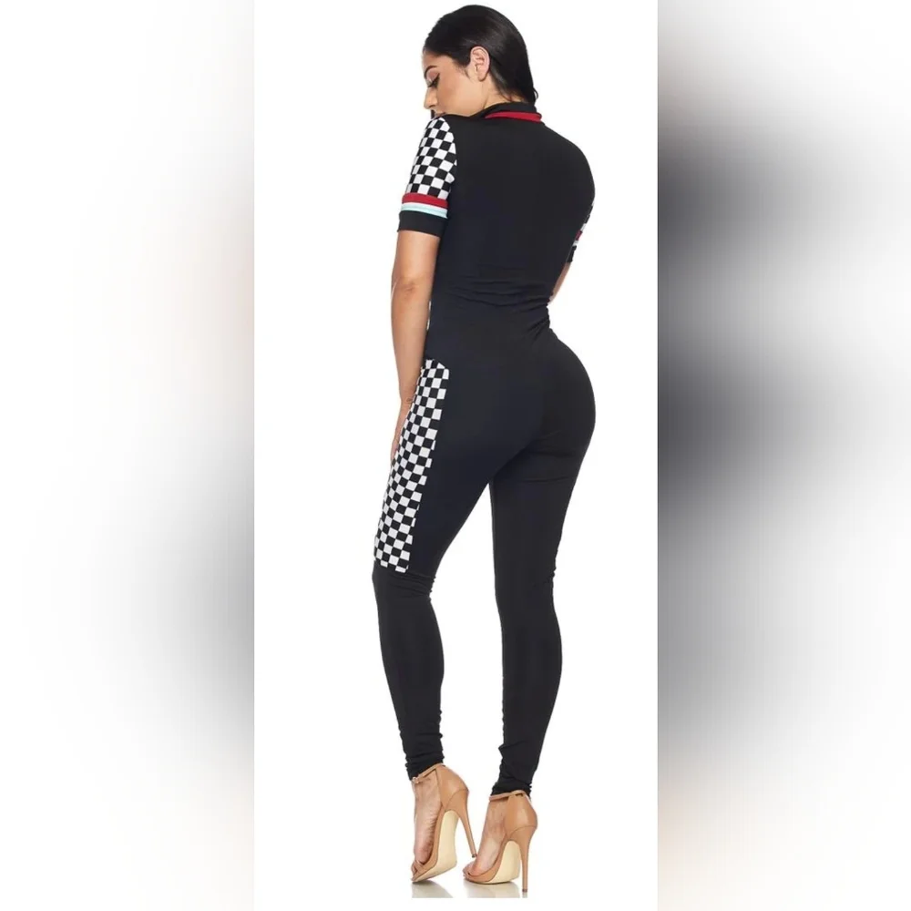 NWOT ... Short Sleeve Checkered Racing Jumpsuit - Black - Picture 6 of 10